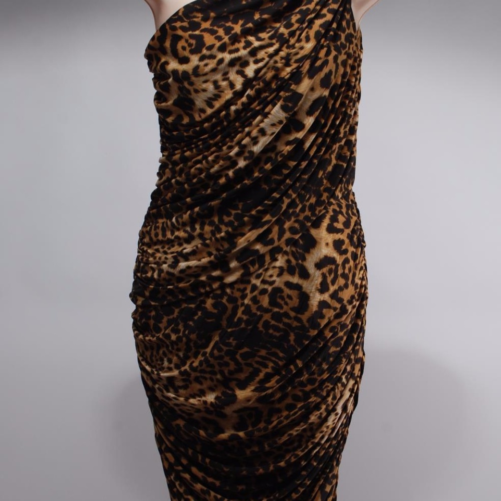 NWT Tadashi Shoji Tan Leopard Ruched One Shoulder